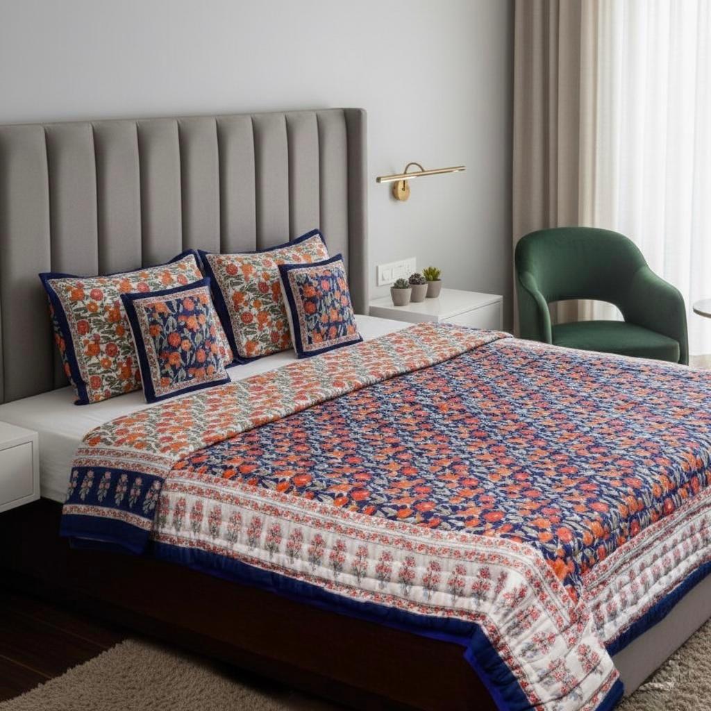 Reversible Cotton Razai & Quilt | Navy Floral Block Print