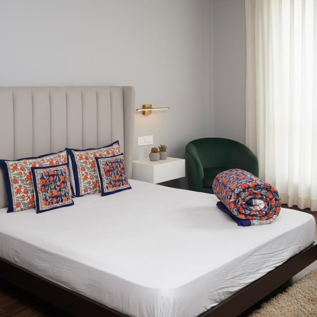Reversible Cotton Razai & Quilt | Navy Floral Block Print