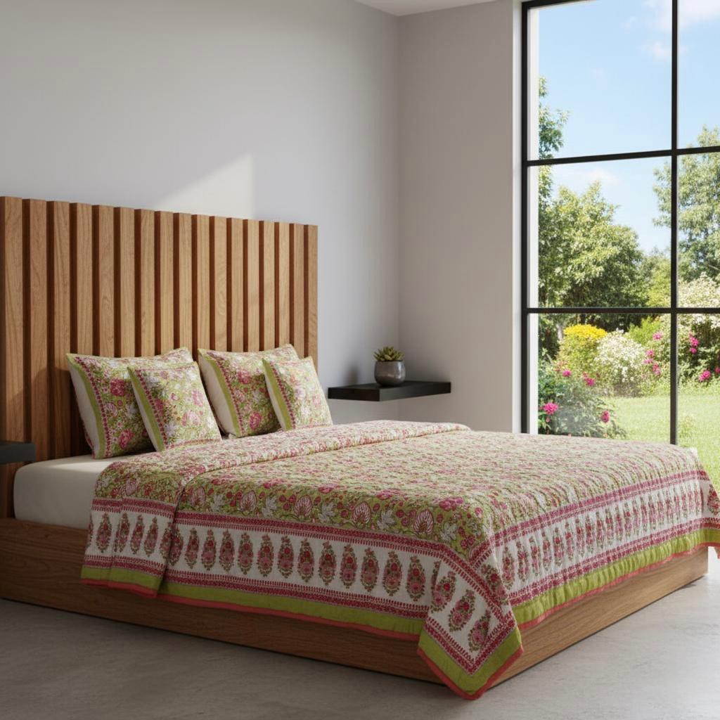 Green & Pink Floral Hand Block Printed Jaipur Quilt | Razai
