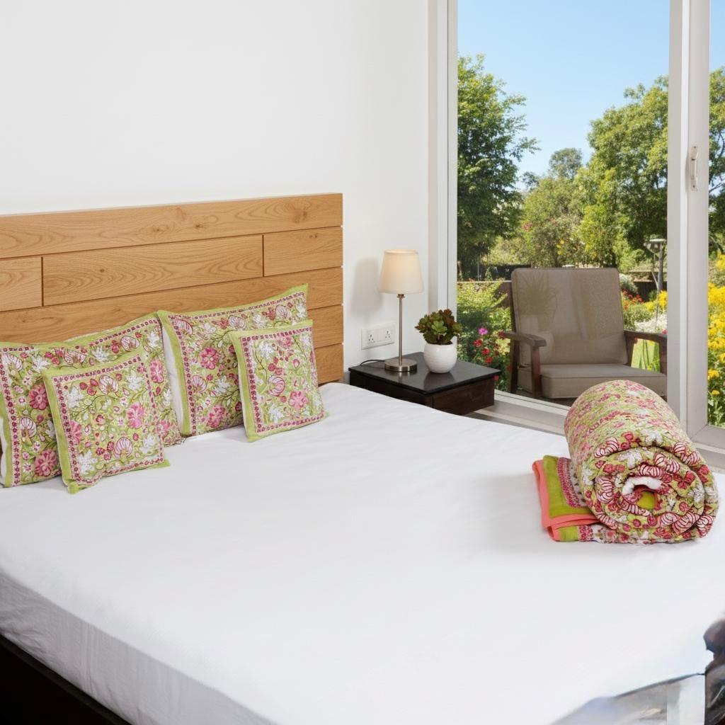 Green & Pink Floral Hand Block Printed Jaipur Quilt | Razai