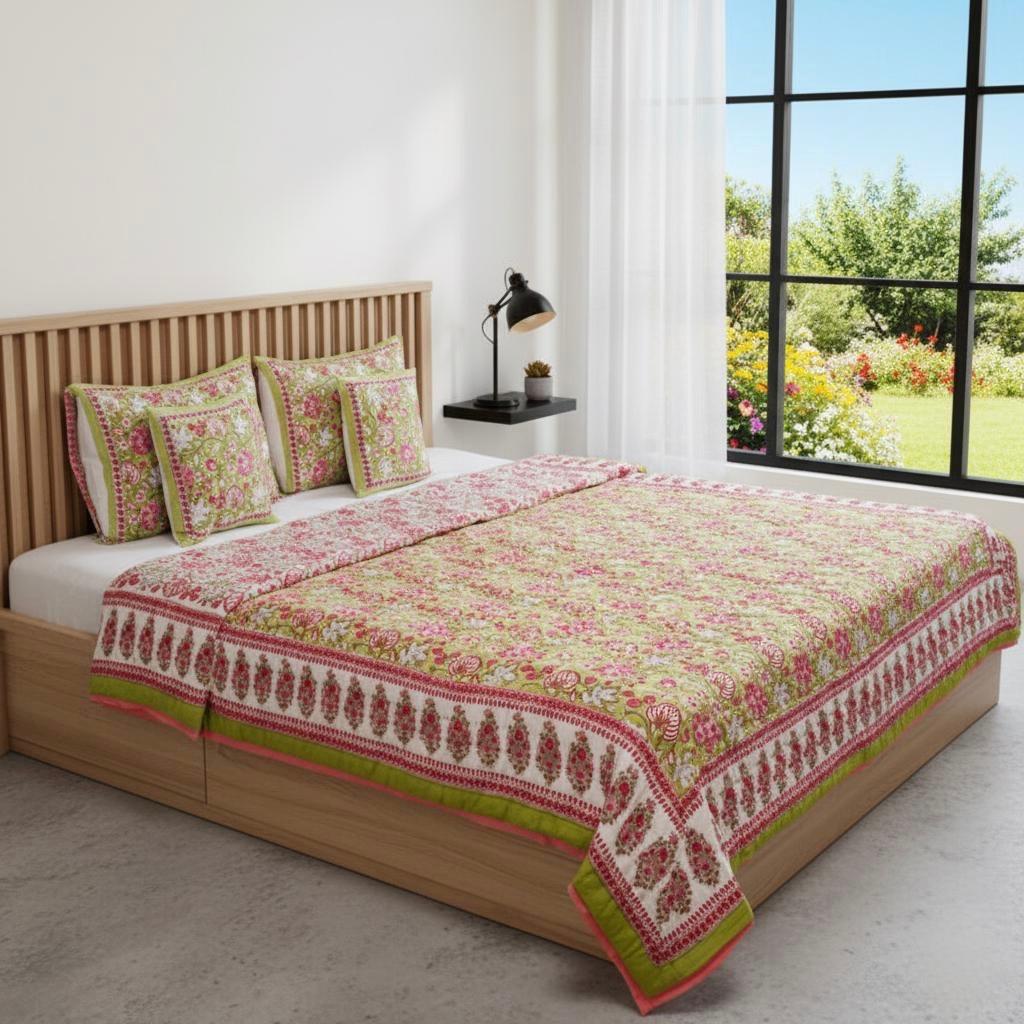 Green & Pink Floral Hand Block Printed Jaipur Quilt | Razai