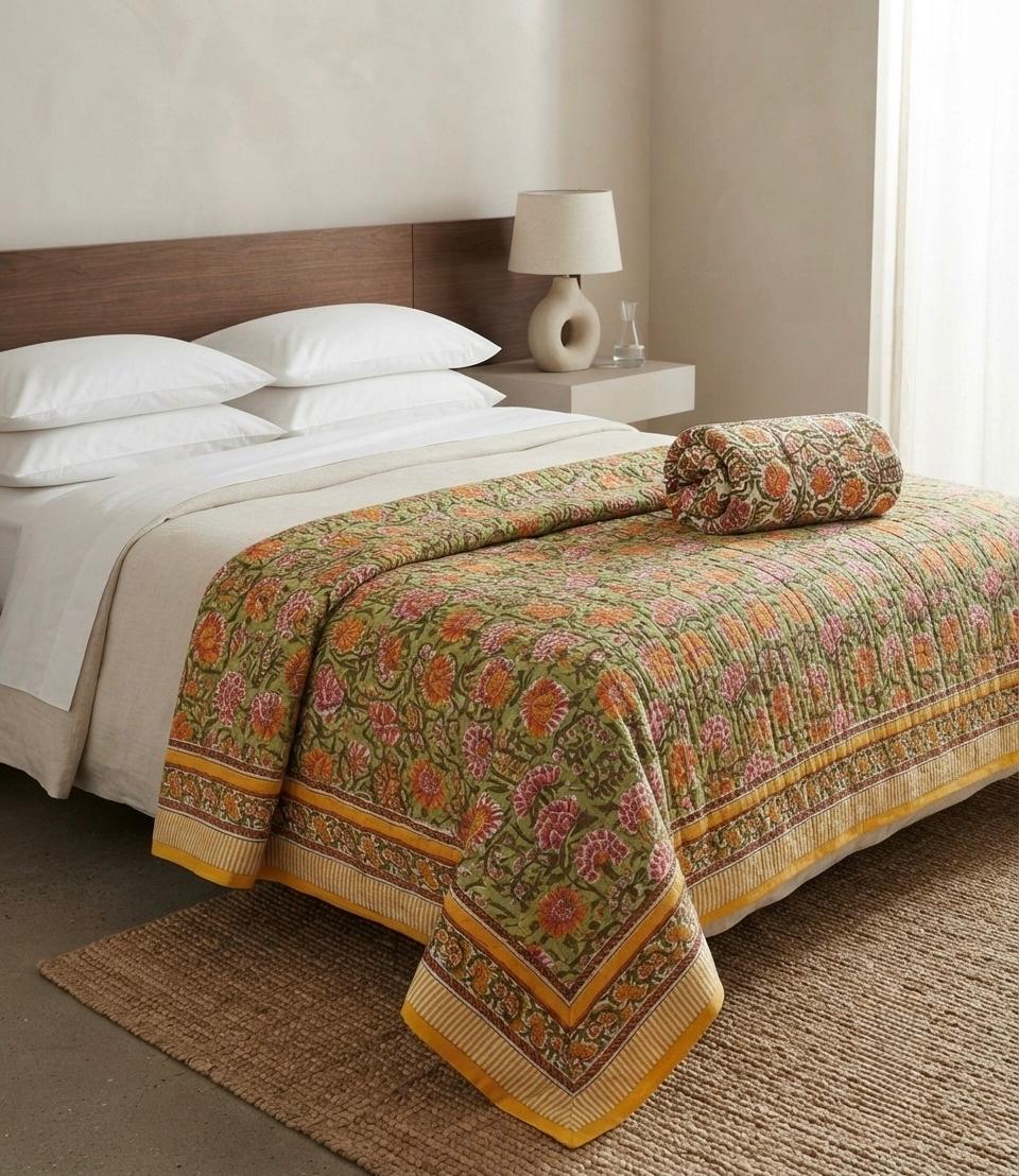 Olive Green & Mustard Floral Jaipur Quilt | Cotton Razai