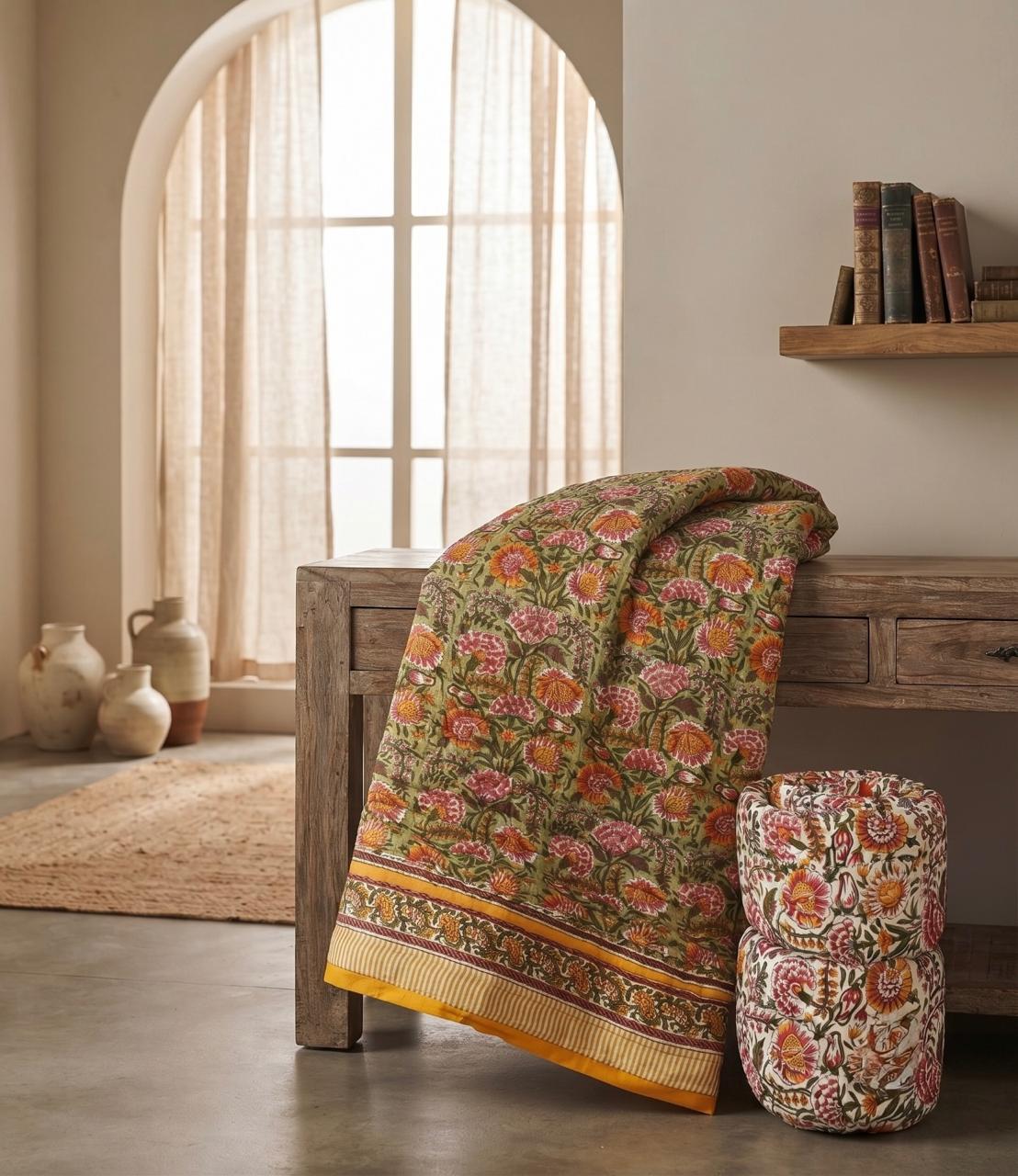 Olive Green & Mustard Floral Jaipur Quilt | Cotton Razai