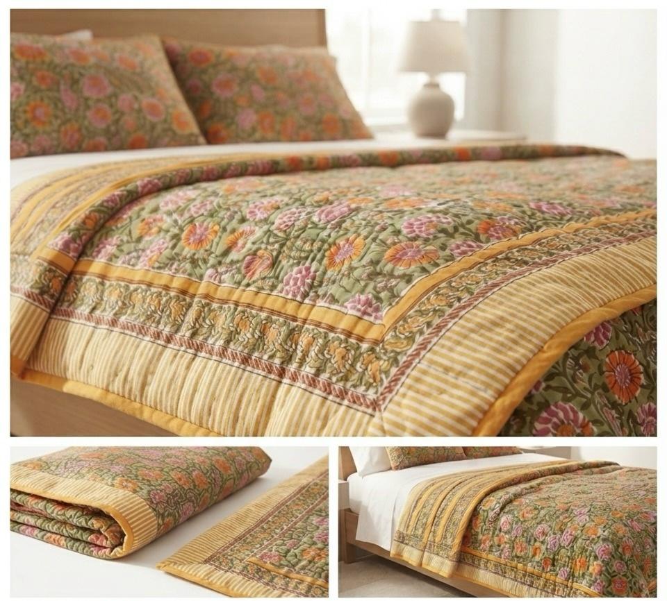 Olive Green & Mustard Floral Jaipur Quilt | Cotton Razai