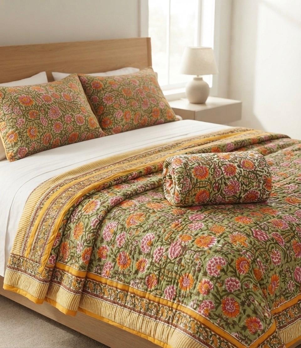 Olive Green & Mustard Floral Jaipur Quilt | Cotton Razai