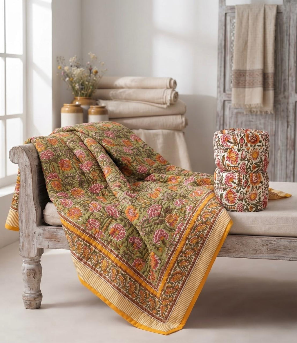 Olive Green & Mustard Floral Jaipur Quilt | Cotton Razai