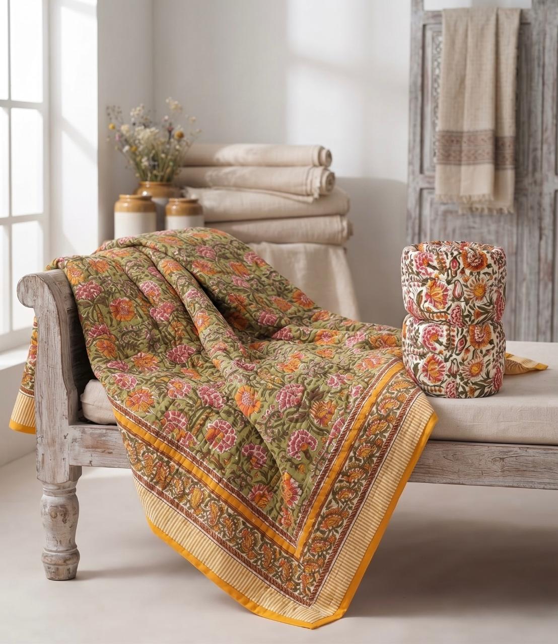 Olive Green & Mustard Floral Jaipur Quilt | Cotton Razai