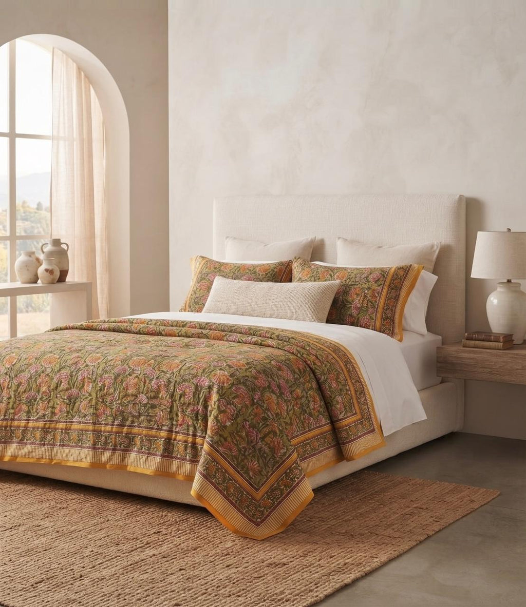 Olive Green & Mustard Floral Jaipur Quilt | Cotton Razai