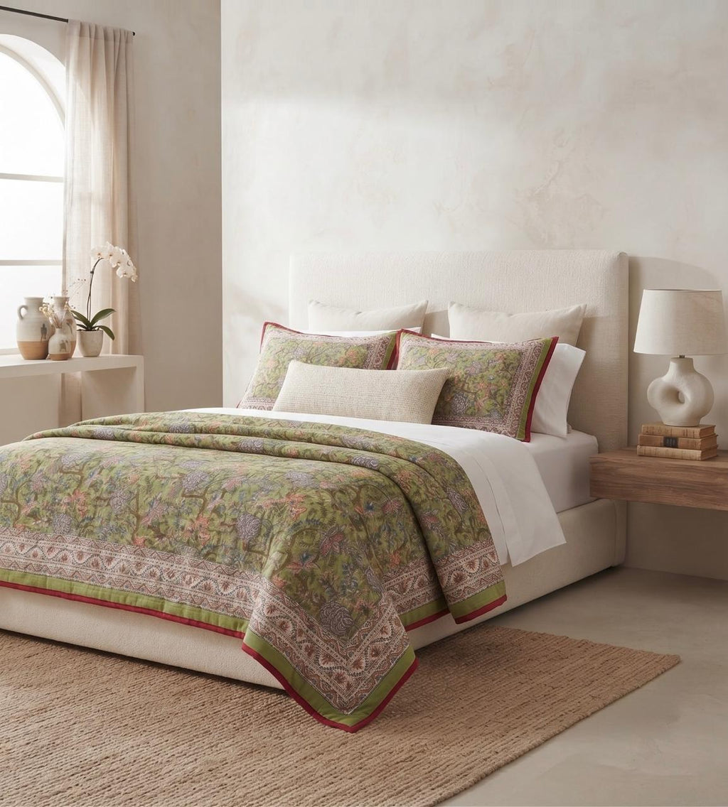 Green & Pink Floral Hand Block Printed Jaipur Quilt | Razai