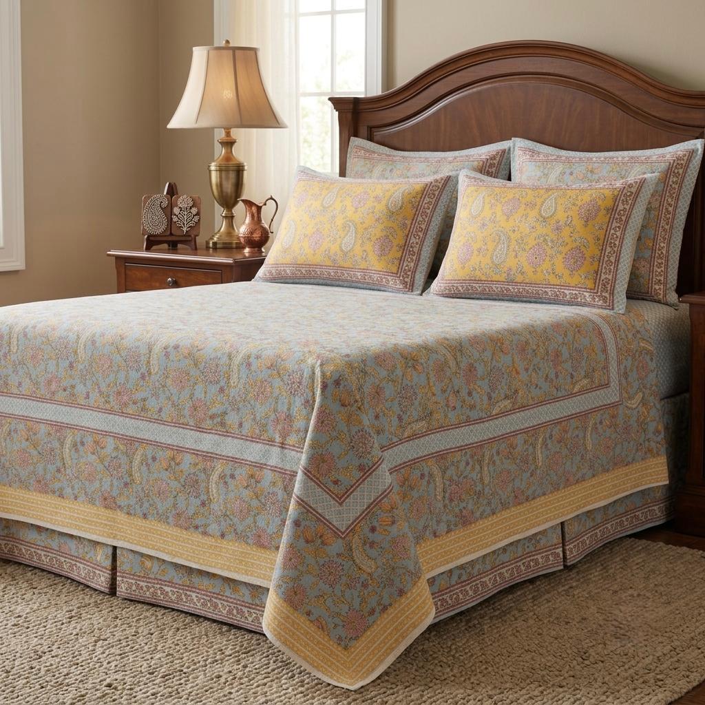 Yellow and Blue Pure Cotton Hand Block Printed Bedsheet with Pillow Covers