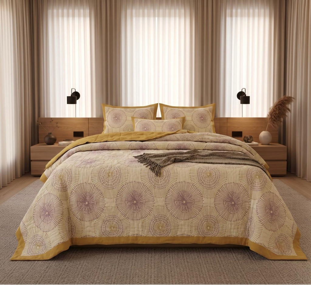 Yellow and Purple Artisanal Block Print Bedsheet – Handcrafted Indian Cotton Linens