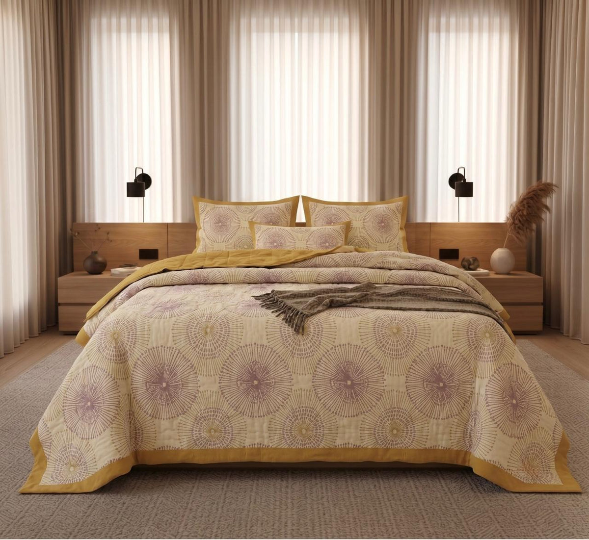 Yellow and Purple Artisanal Block Print Bedsheet – Handcrafted Indian Cotton Linens