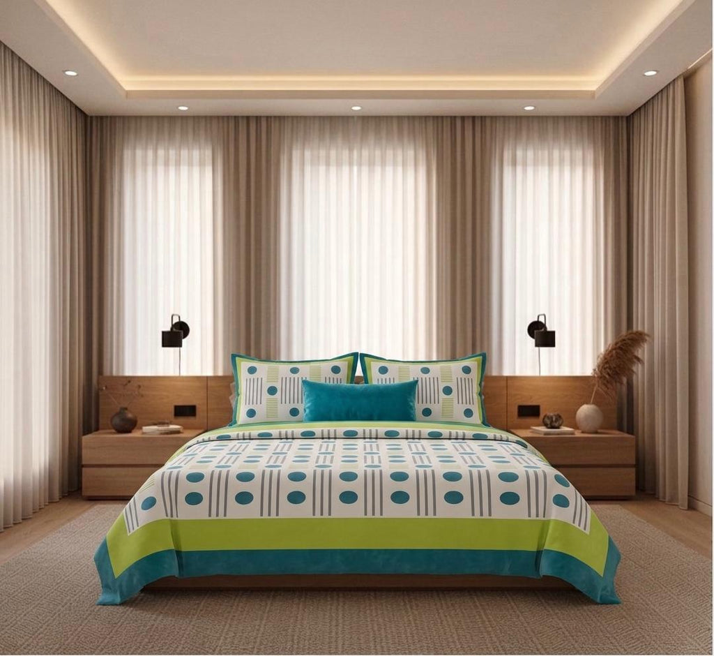 Blue and Green Handblock Printed Cotton Bedsheet | Traditional Jaipuri Floral Design