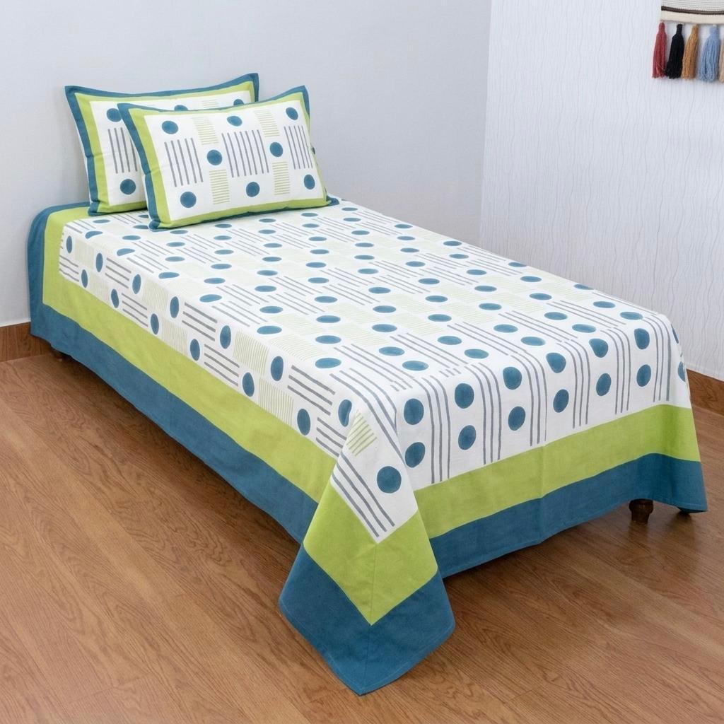 Blue and Green Handblock Printed Cotton Bedsheet | Traditional Jaipuri Floral Design