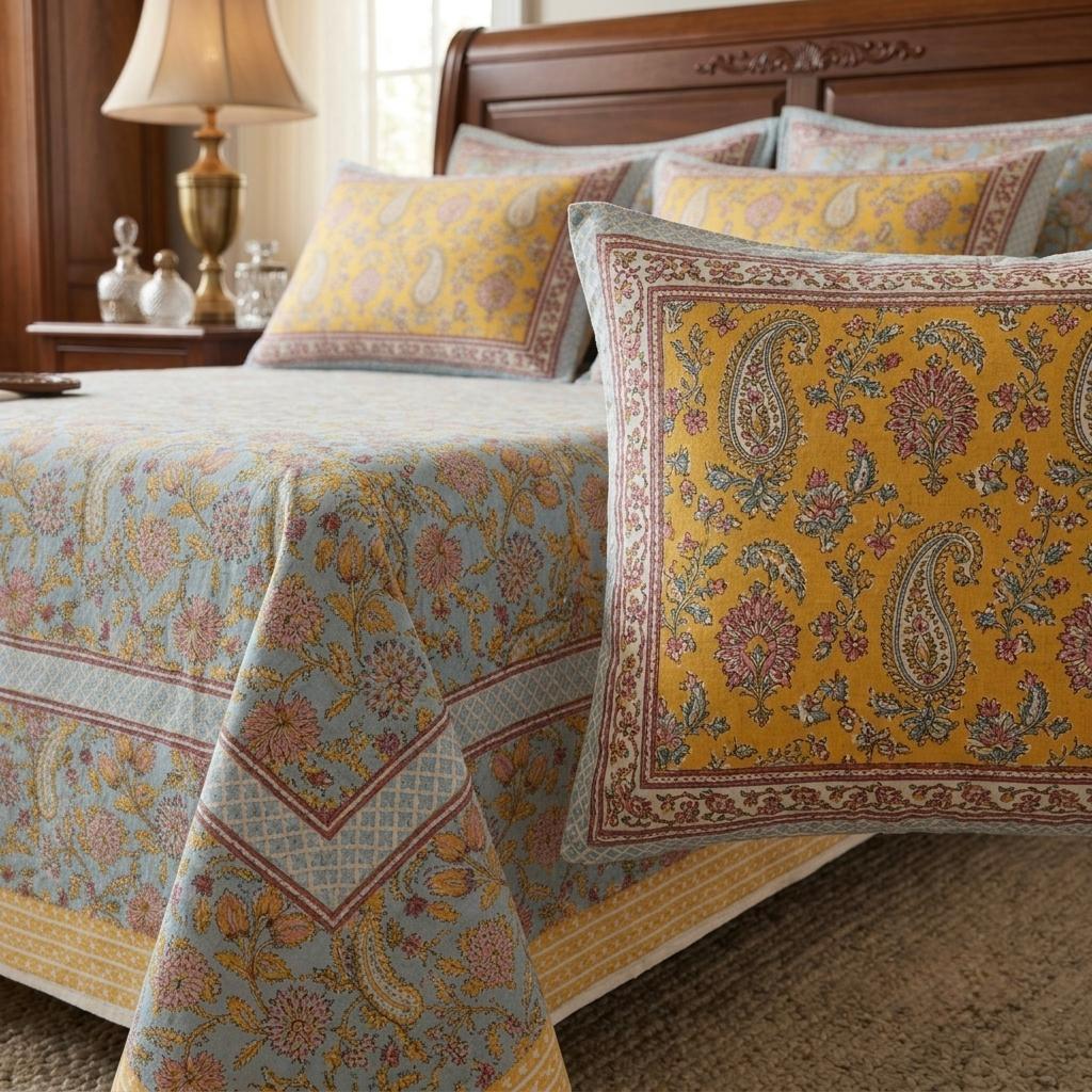 Yellow and Blue Pure Cotton Hand Block Printed Bedsheet with Pillow Covers