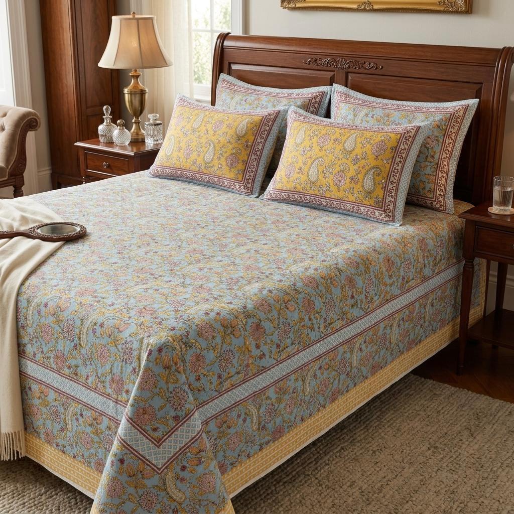 Yellow and Blue Pure Cotton Hand Block Printed Bedsheet with Pillow Covers