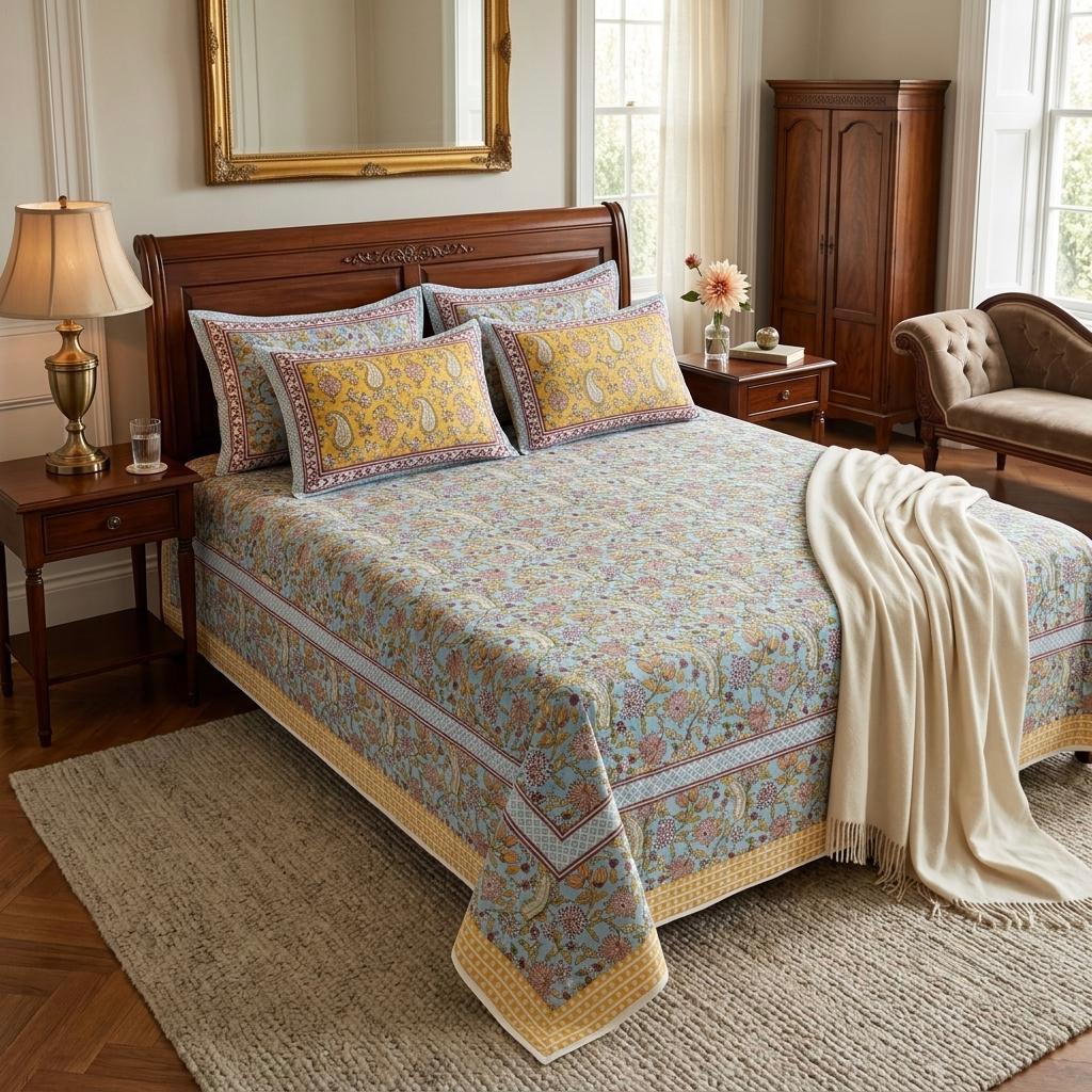 Yellow and Blue Pure Cotton Hand Block Printed Bedsheet with Pillow Covers