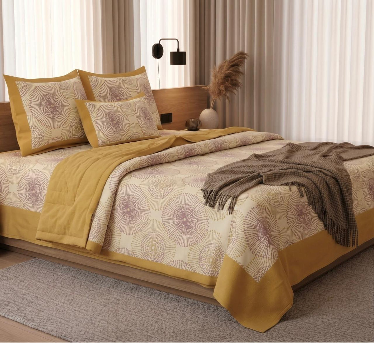 Yellow and Purple Artisanal Block Print Bedsheet – Handcrafted Indian Cotton Linens