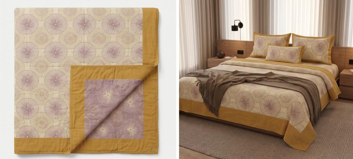 Yellow and Purple Artisanal Block Print Bedsheet – Handcrafted Indian Cotton Linens