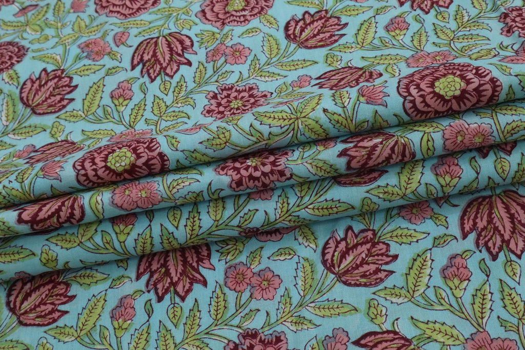 Blue and Pink Colour Handmade Block Print Cotton Fabric by the Yard | Eco-Friendly & Breathable