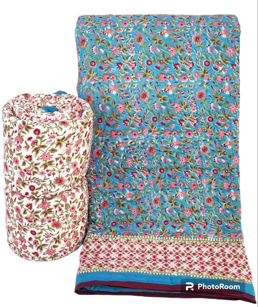Hand-Block Printed Pure Cotton Quilt – Reversible Artisan Bedding | Lightweight Indian Cotton Jaipuri Razai | Hand-Quilted & Eco-Friendly
