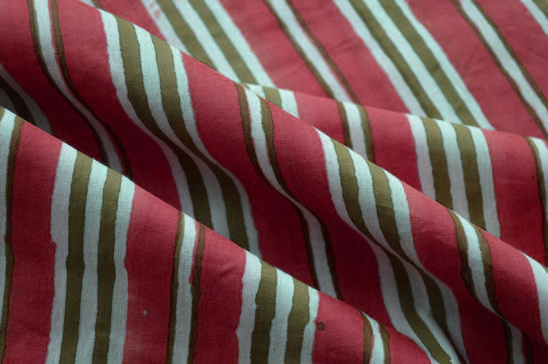 Mughal Floral Linen Fabric: Red & Green Block Print