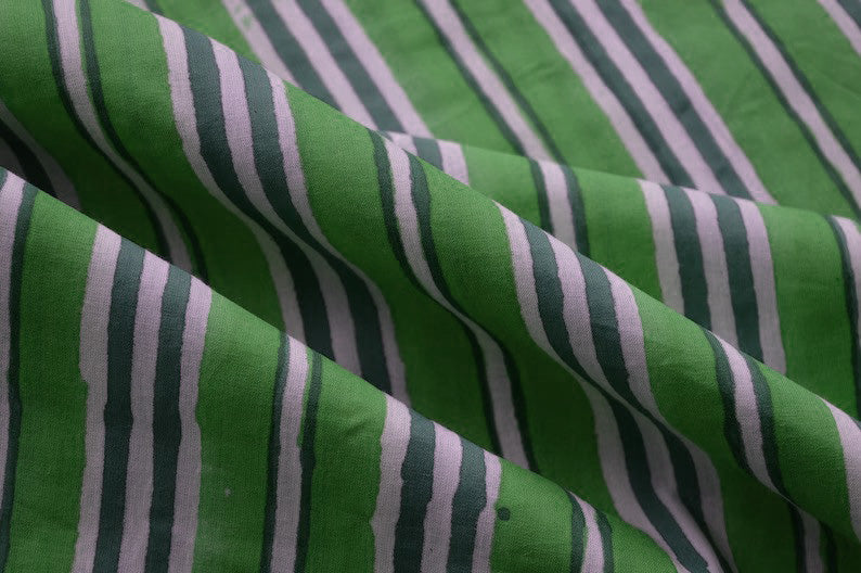 Blue & Green Floral Block Print Linen Fabric: Indian Mughal Style