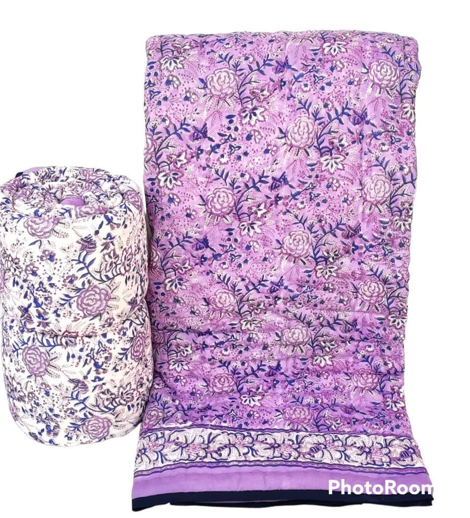 Hand-Block Printed Pure Cotton Quilt – Reversible Artisan Bedding | Lightweight Indian Cotton Jaipuri Razai | Hand-Quilted & Eco-Friendly