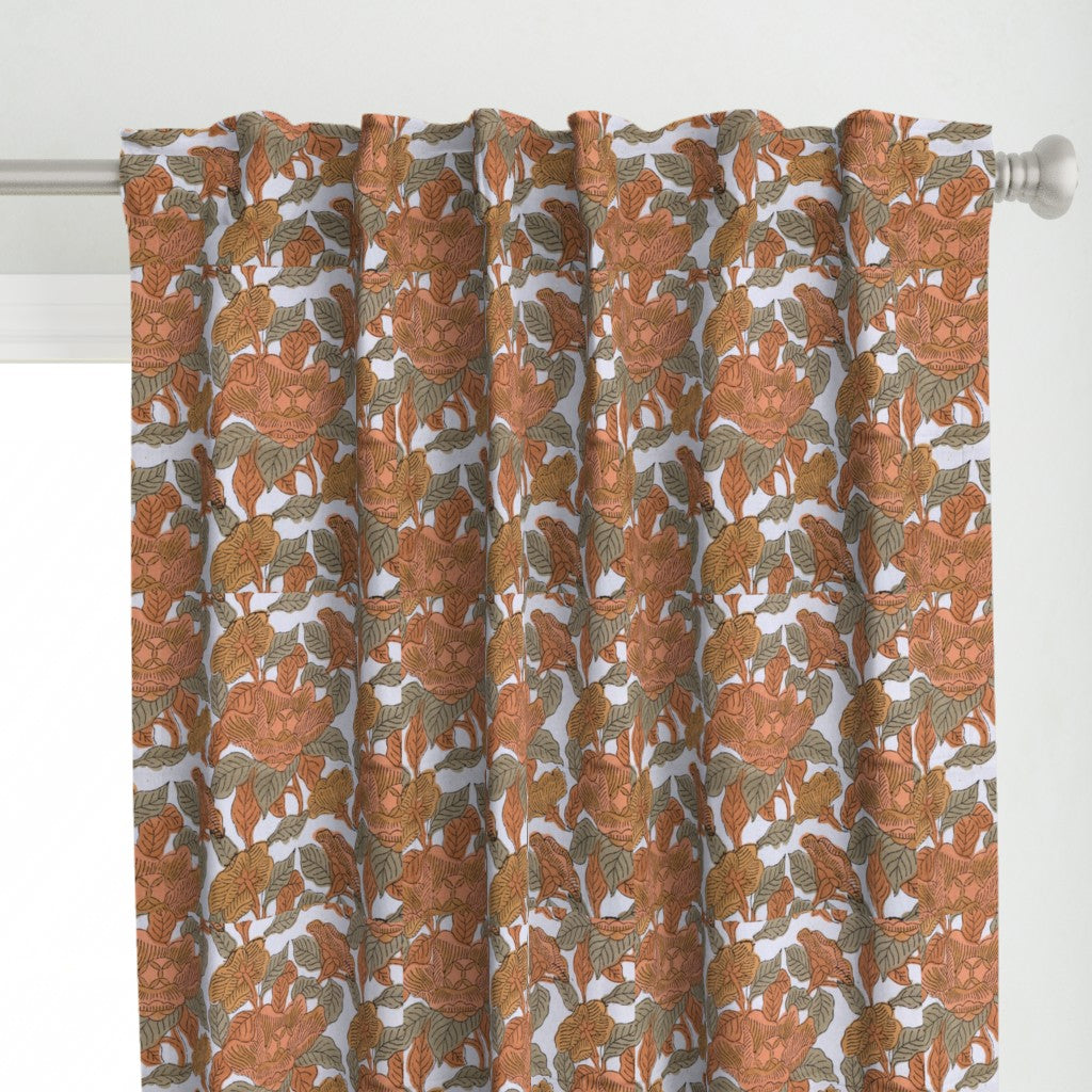 Orange Floral Hand Block Print Cotton Curtain, Drapes