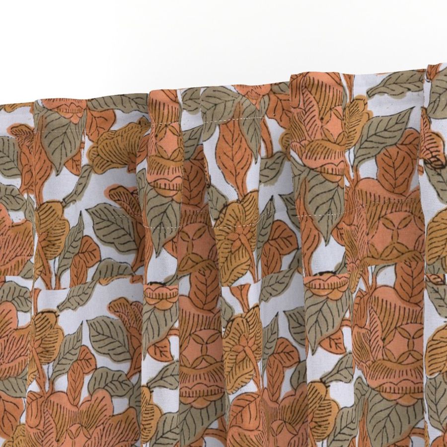 Orange Floral Hand Block Print Cotton Curtain, Drapes