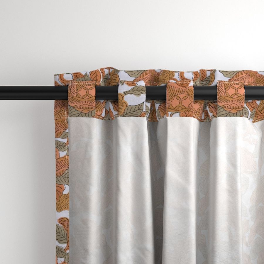 Orange Floral Hand Block Print Cotton Curtain, Drapes