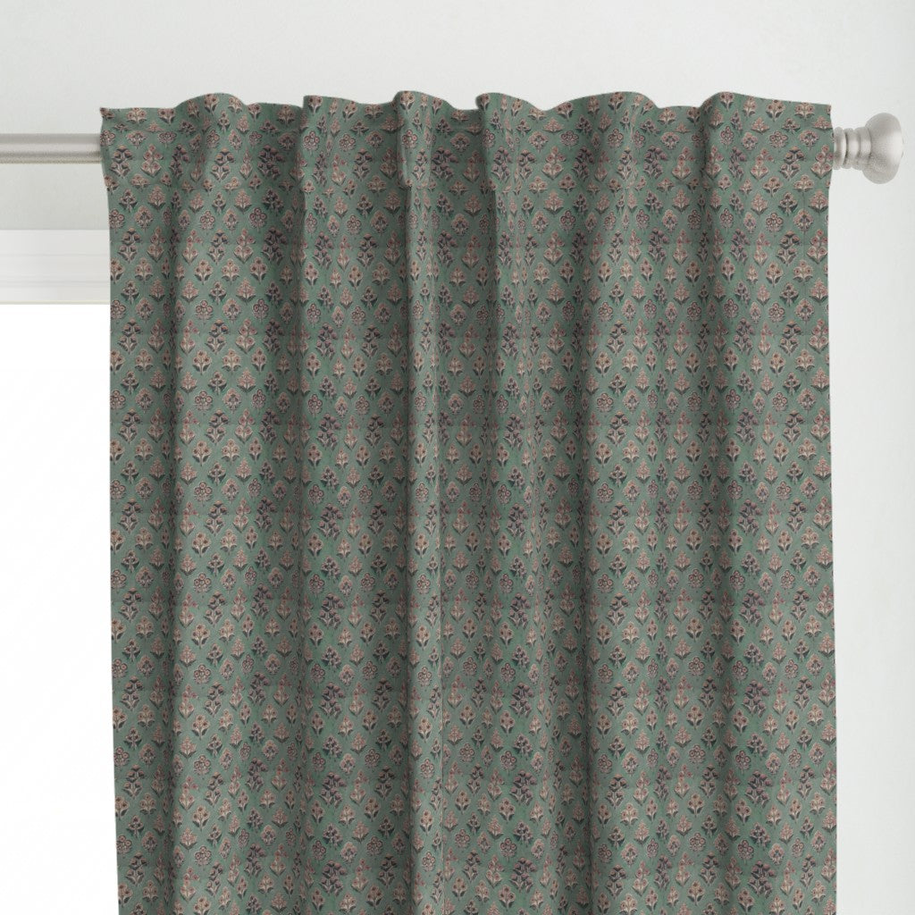 Handblock Printed Cotton Curtain | Sage Green Floral Window & Door Curtains for Home Decor