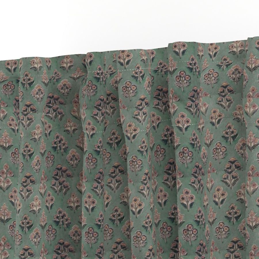 Handblock Printed Cotton Curtain | Sage Green Floral Window & Door Curtains for Home Decor