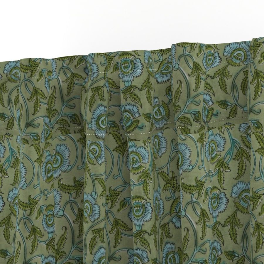 Green and Blue  Colour Hand Block Print Curtain & Drapes, Pure Cotton Fabric