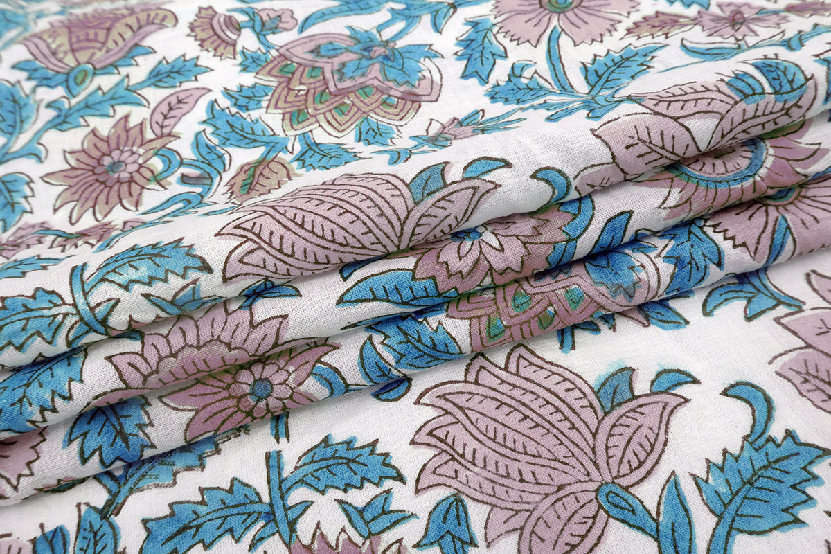 Hand Block Print Cotton Fabric: Pink, Blue Floral Indian Fabric by the Yard