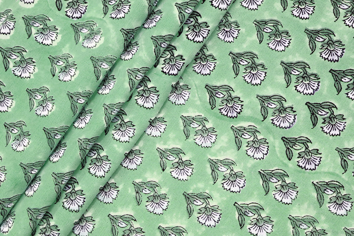Green Floral Blockprint Cotton Fabric: Handstamped Indian Fabric