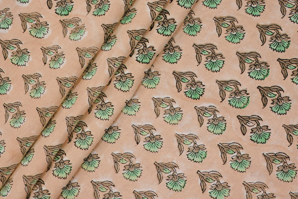 Peach Floral Block Print Cotton Fabric: Indian Handstamped Material