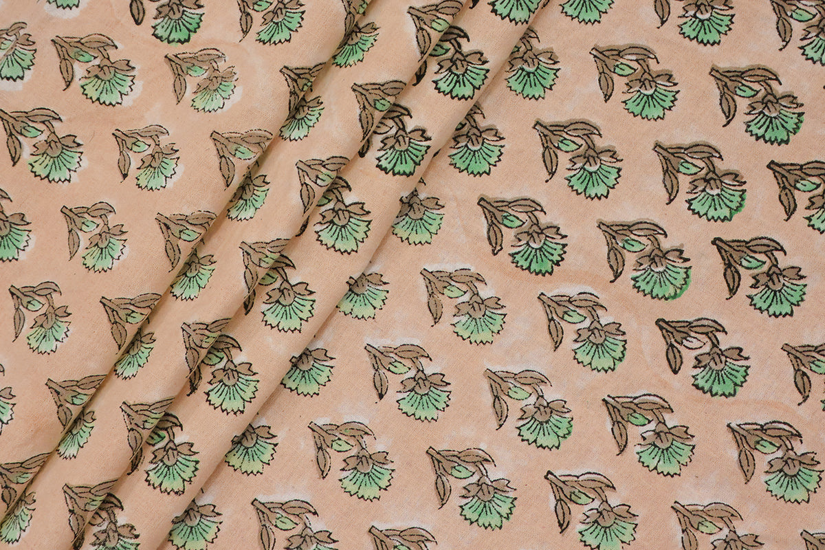 Peach Floral Block Print Cotton Fabric: Indian Handstamped Material