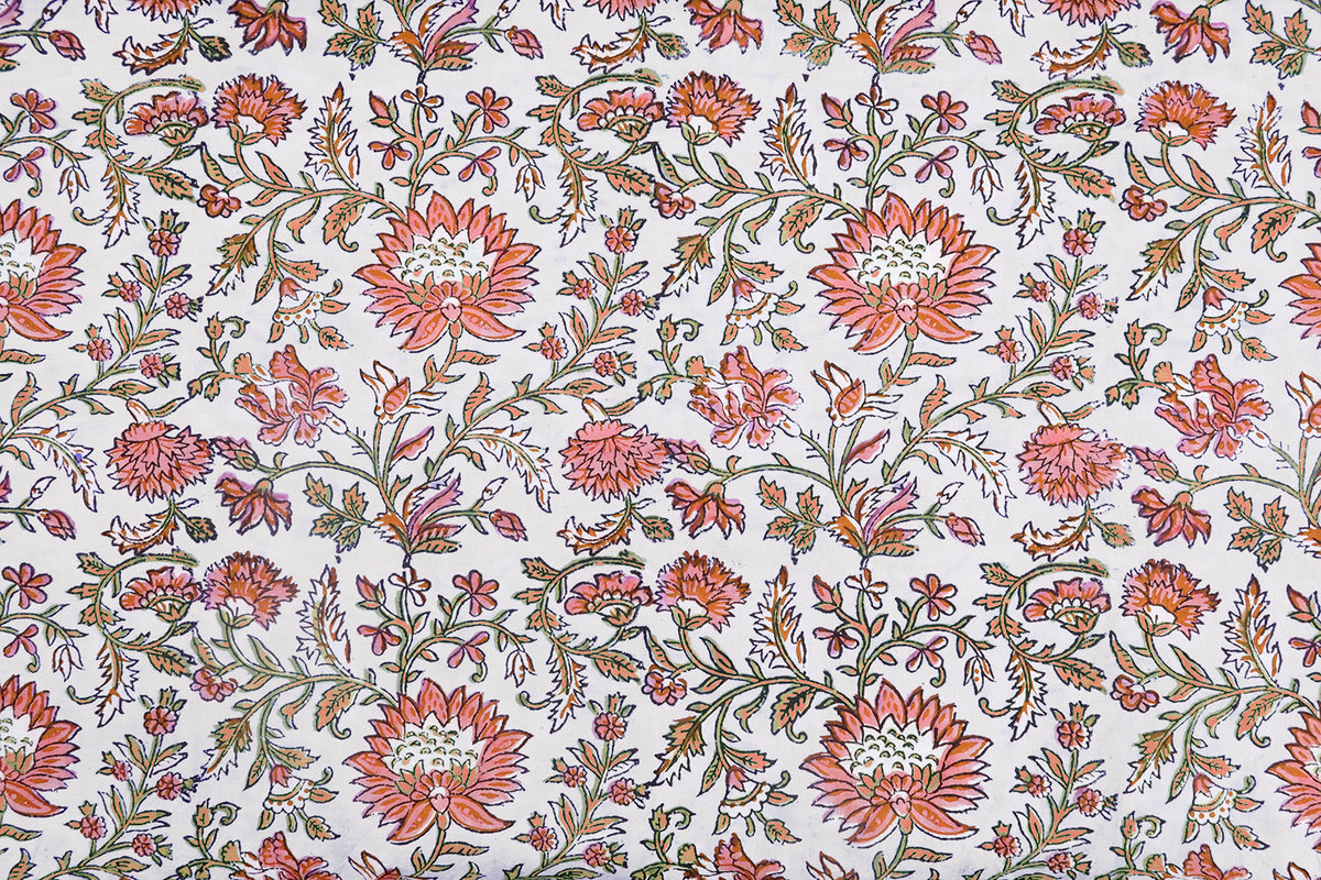 Pink Floral Block Print Cotton Fabric: Indian Handstamped Material