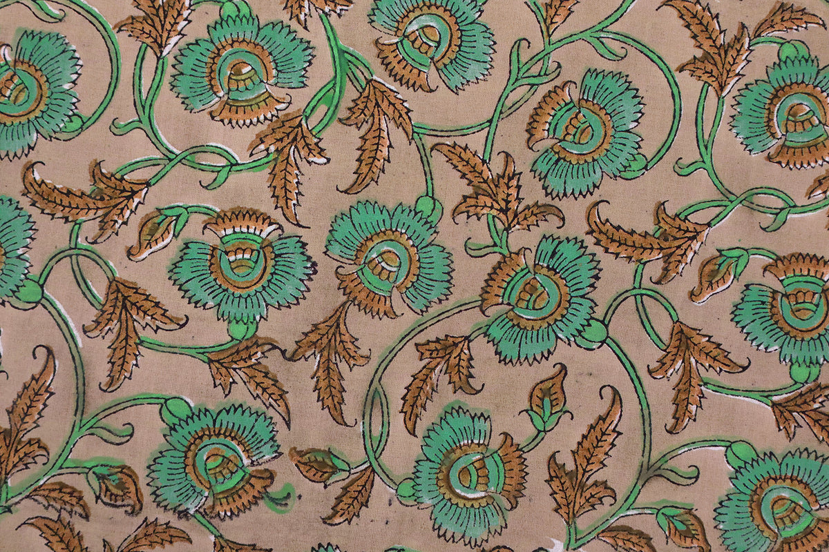 Floral Block Print Cotton Fabric: Orange & Green Indian Fabric