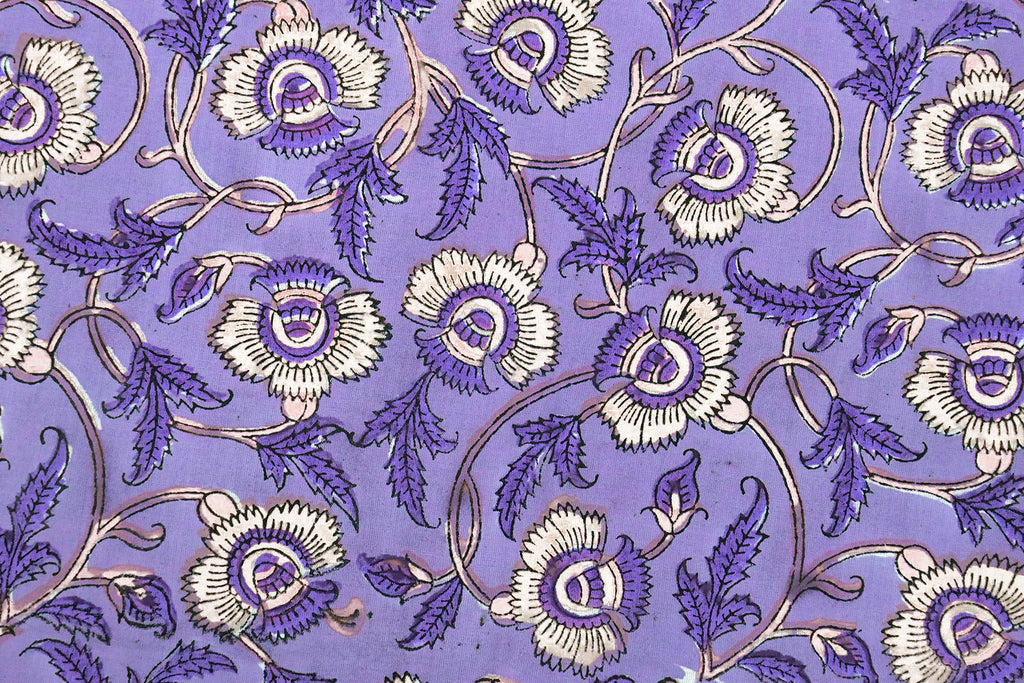 Purple Floral Cotton Fabric: Hand Block Print Indian Fabric by the Yard