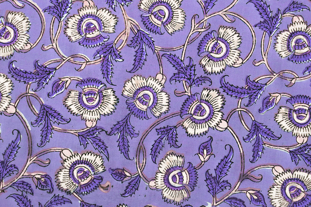 Purple Floral Cotton Fabric: Hand Block Print Indian Fabric by the Yard