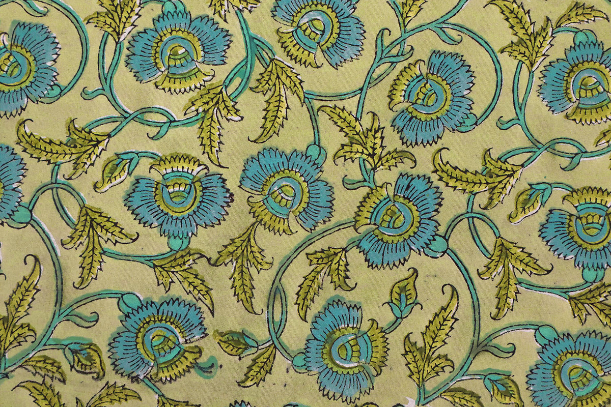 Floral Block Print Cotton Fabric: Blue & Yellow Indian Fabric by the Yard