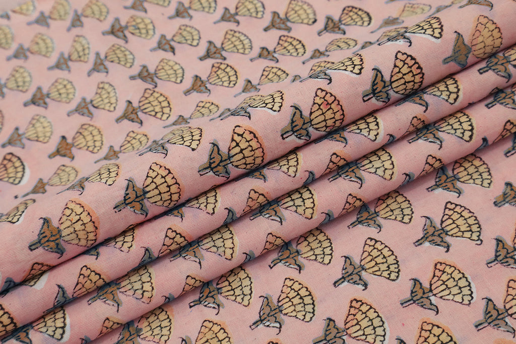 Pink Floral Blockprint Cotton Fabric: Handstamped Indian Fabric