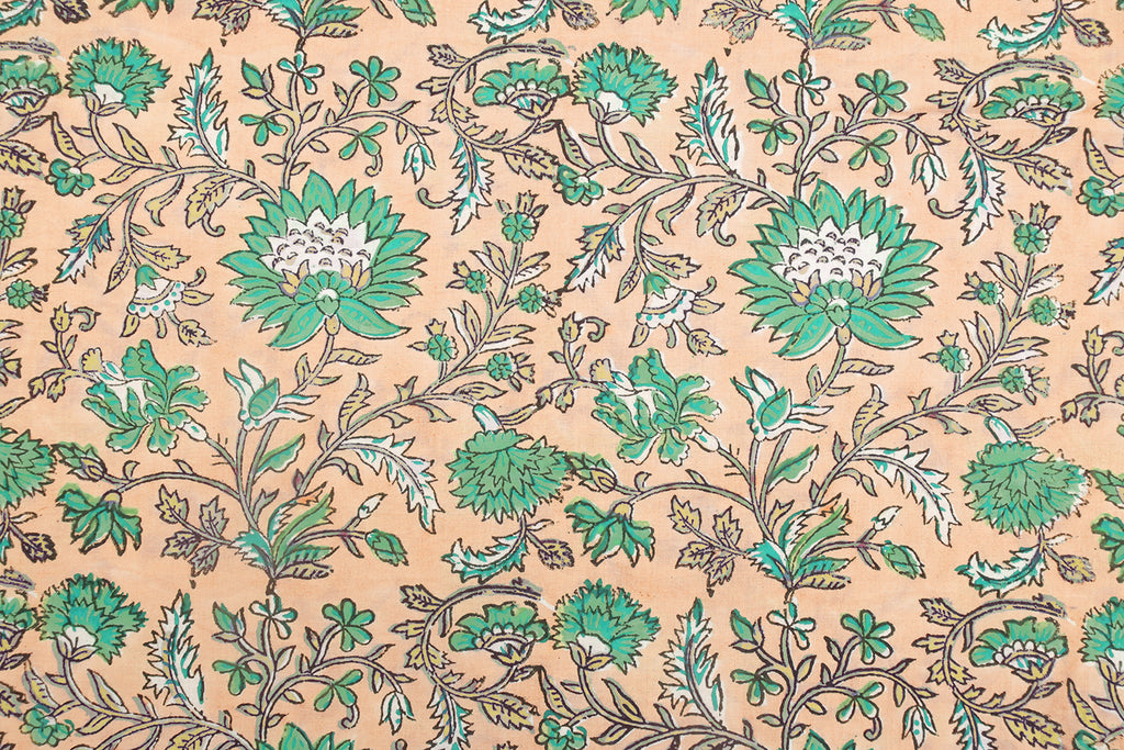 Floral Block Print Cotton Fabric: Orange & Green Mughal Design