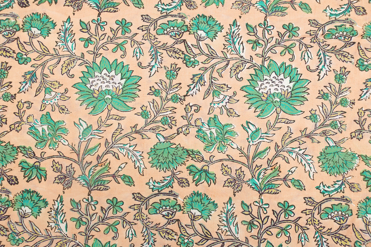 Floral Block Print Cotton Fabric: Orange & Green Mughal Design