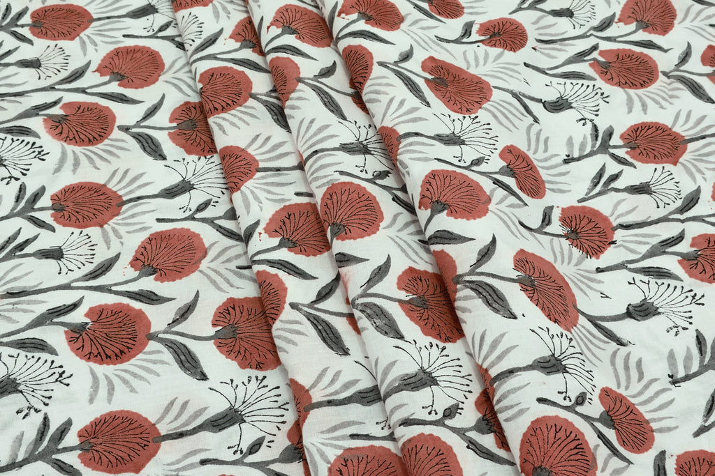 Red Floral Blockprint Cotton Fabric: Handstamped Indian Fabric