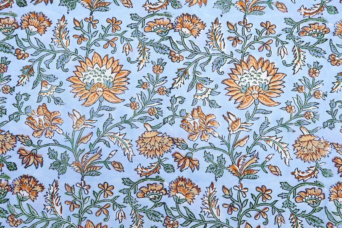 Blue Floral Blockprint Cotton Fabric: Handstamped Indian Fabric