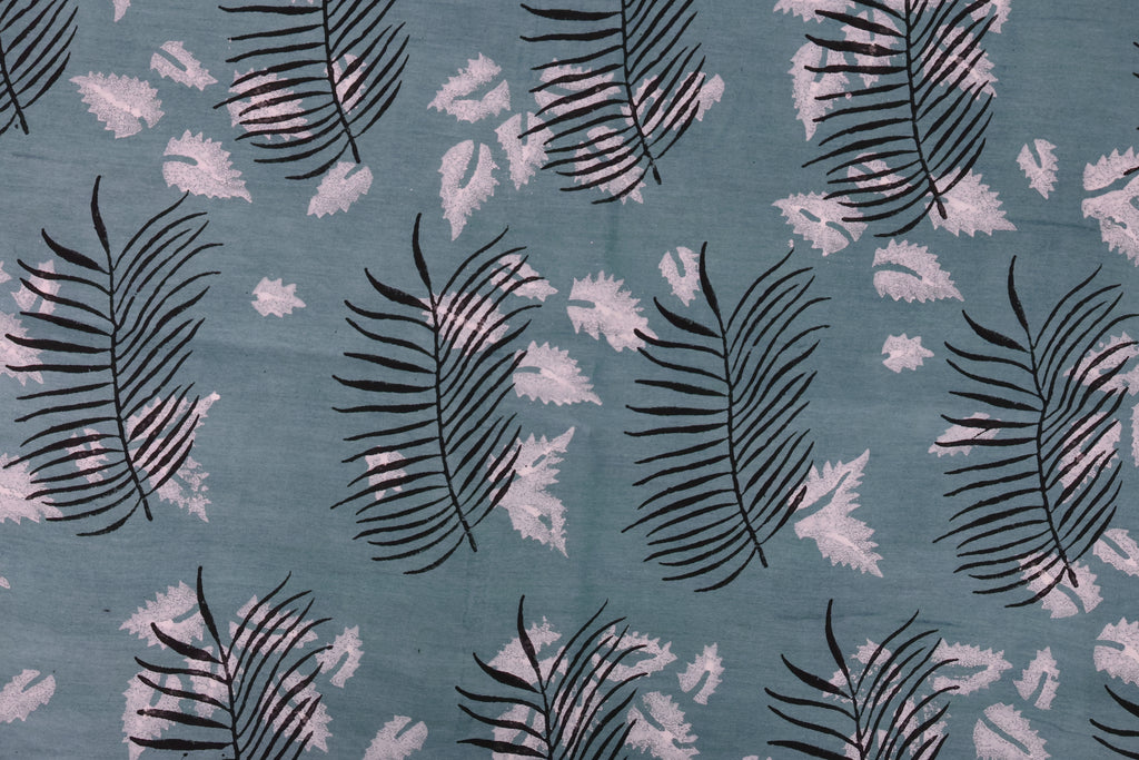 Blue Cotton Blockprint Fabric: Handstamped Floral Print