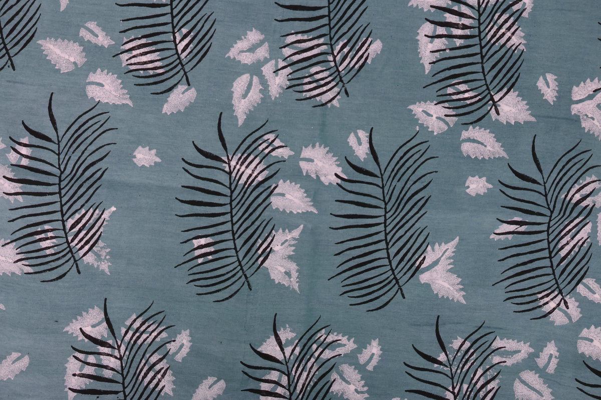 Blue Cotton Blockprint Fabric: Handstamped Floral Print